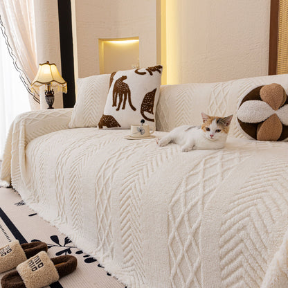 Plush Sherpa Fleece Sofa Cover with 3D Cable Knit Texture, Soft Cozy Throw Blanket