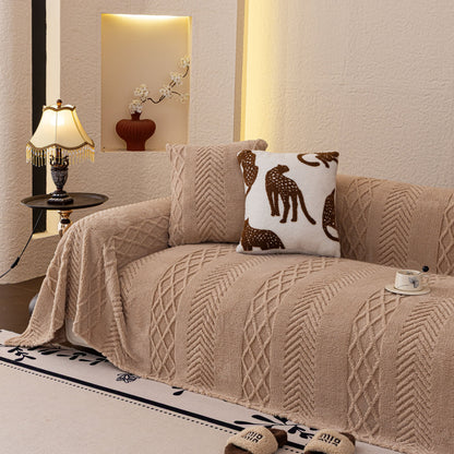Plush Sherpa Fleece Sofa Cover with 3D Cable Knit Texture, Soft Cozy Throw Blanket