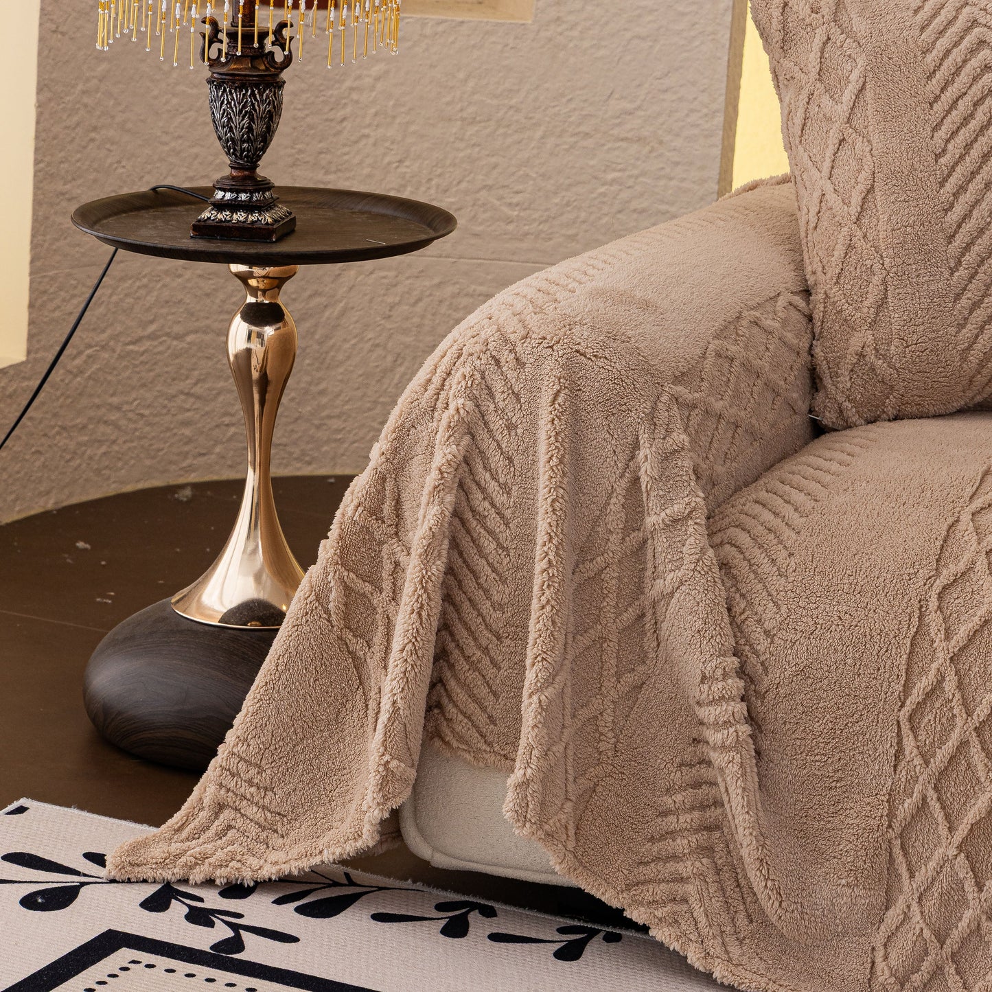 Plush Sherpa Fleece Sofa Cover with 3D Cable Knit Texture, Soft Cozy Throw Blanket