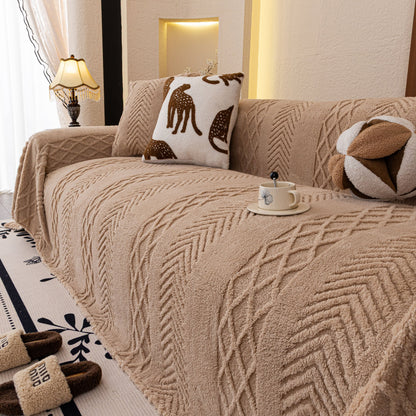 Plush Sherpa Fleece Sofa Cover with 3D Cable Knit Texture, Soft Cozy Throw Blanket