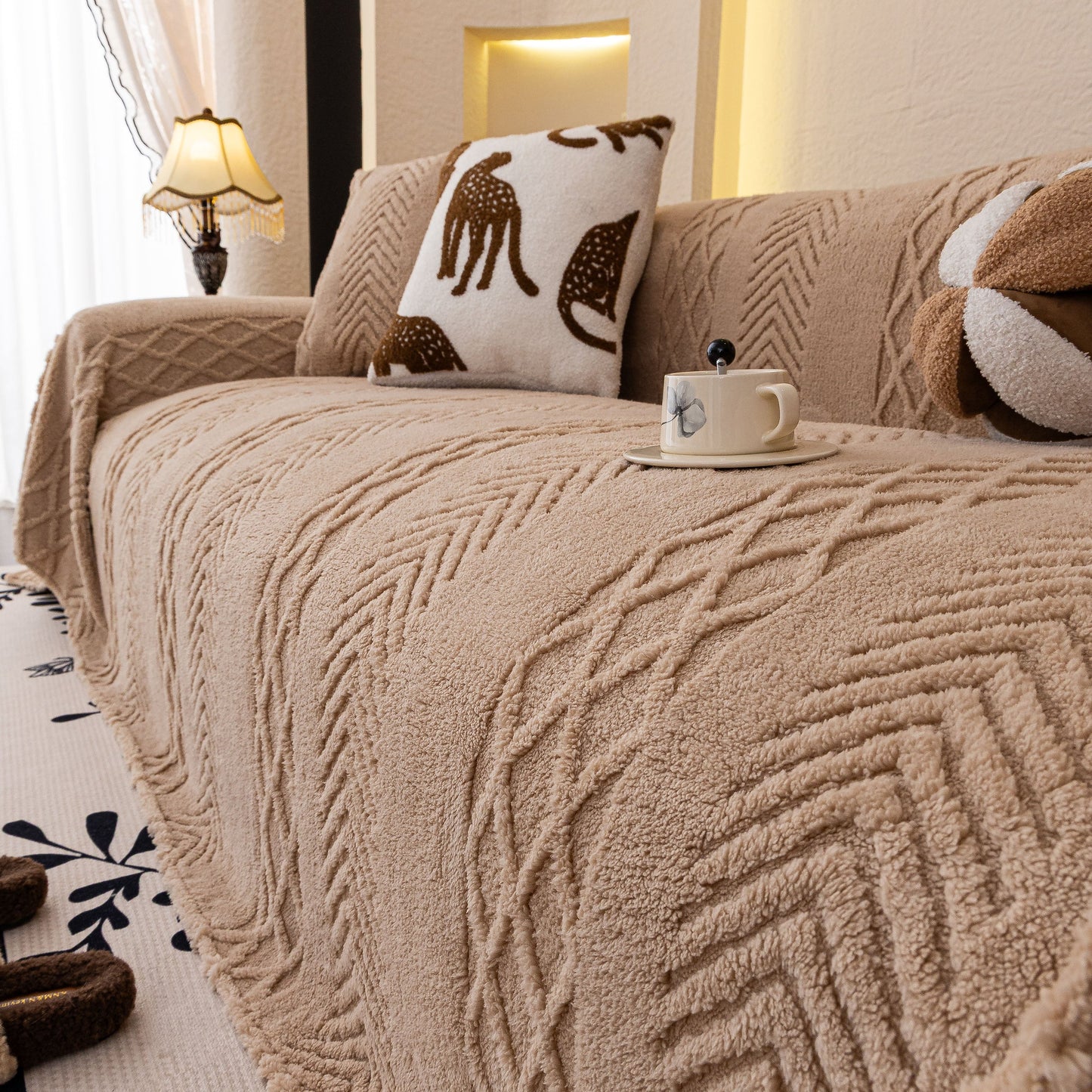Plush Sherpa Fleece Sofa Cover with 3D Cable Knit Texture, Soft Cozy Throw Blanket
