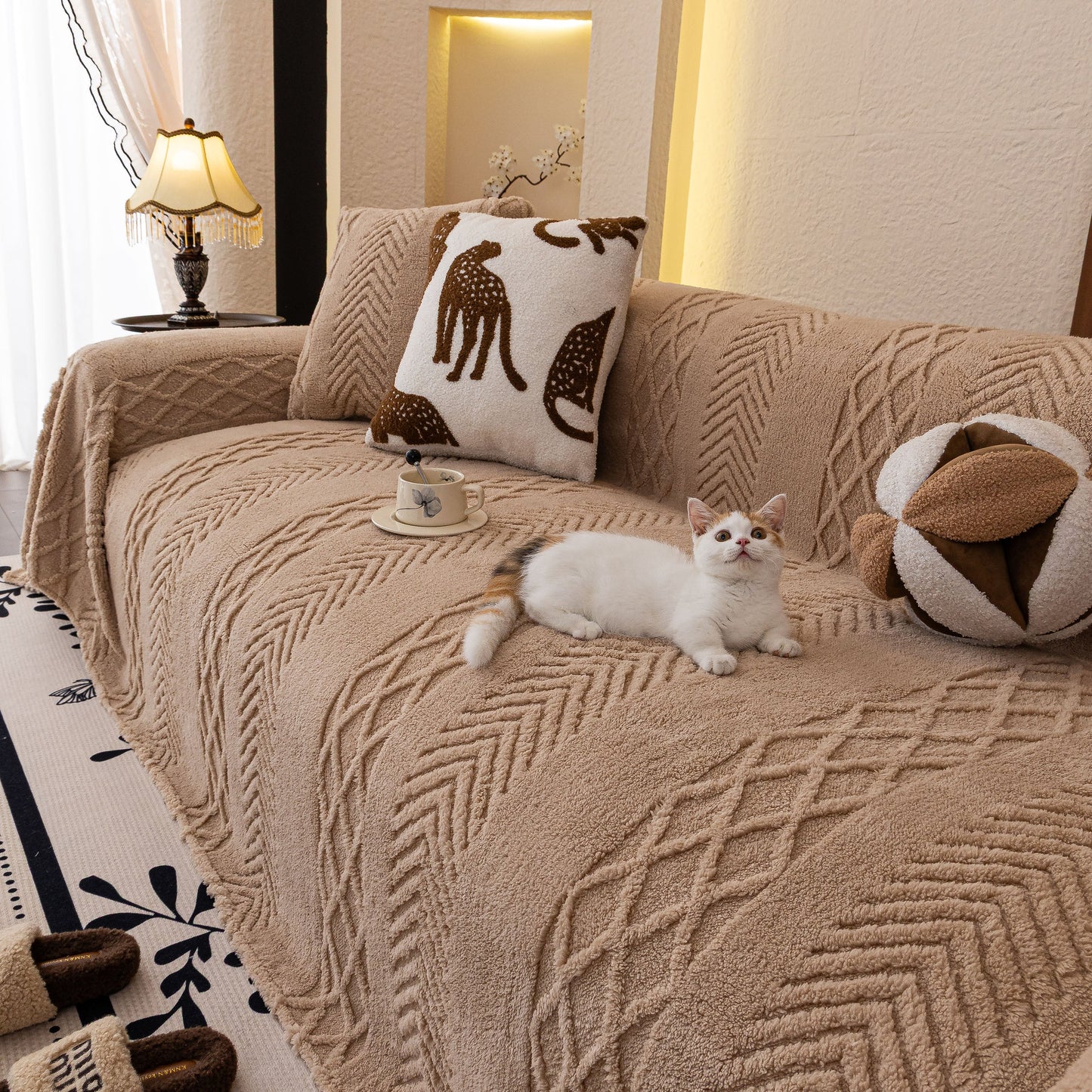 Plush Sherpa Fleece Sofa Cover with 3D Cable Knit Texture, Soft Cozy Throw Blanket