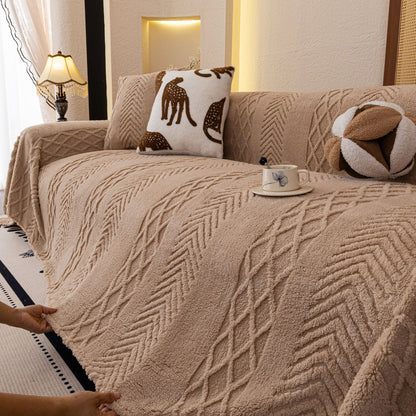 Plush Sherpa Fleece Sofa Cover with 3D Cable Knit Texture, Soft Cozy Throw Blanket