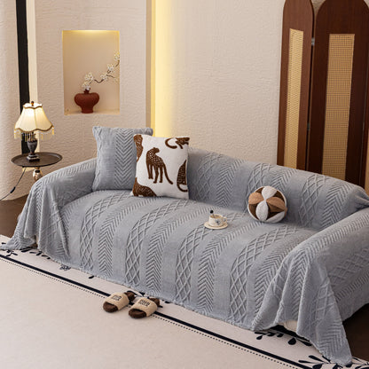 Plush Sherpa Fleece Sofa Cover with 3D Cable Knit Texture, Soft Cozy Throw Blanket