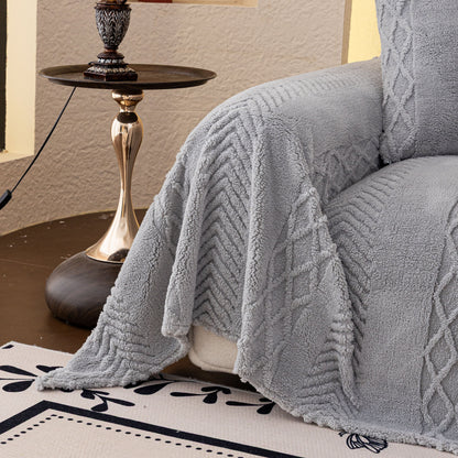 Plush Sherpa Fleece Sofa Cover with 3D Cable Knit Texture, Soft Cozy Throw Blanket