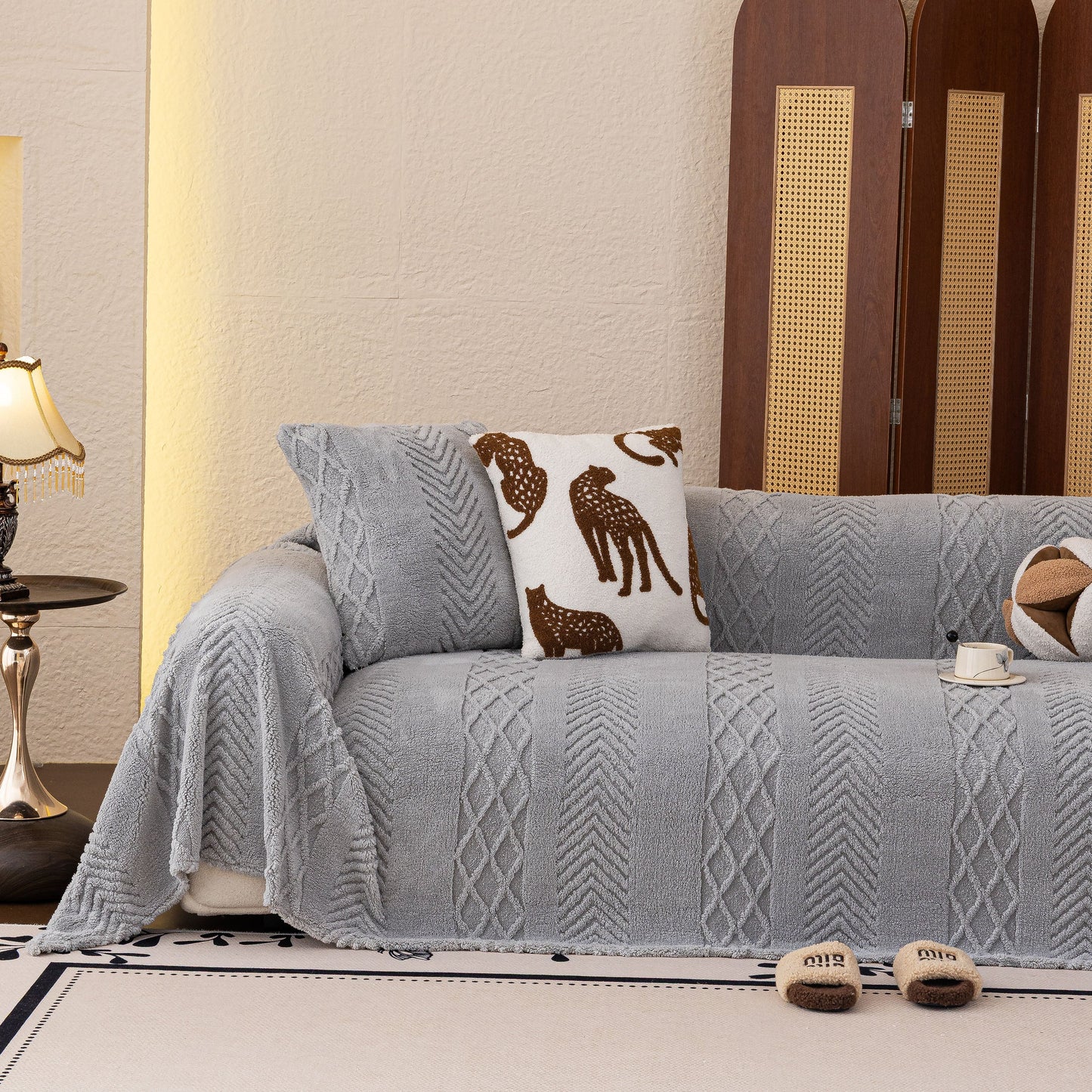 Plush Sherpa Fleece Sofa Cover with 3D Cable Knit Texture, Soft Cozy Throw Blanket