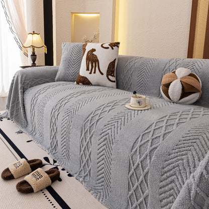 Plush Sherpa Fleece Sofa Cover with 3D Cable Knit Texture, Soft Cozy Throw Blanket