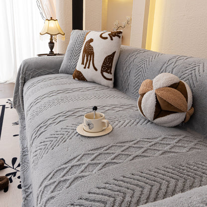 Plush Sherpa Fleece Sofa Cover with 3D Cable Knit Texture, Soft Cozy Throw Blanket