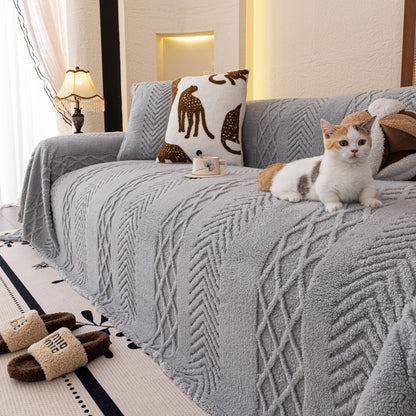 Plush Sherpa Fleece Sofa Cover with 3D Cable Knit Texture, Soft Cozy Throw Blanket