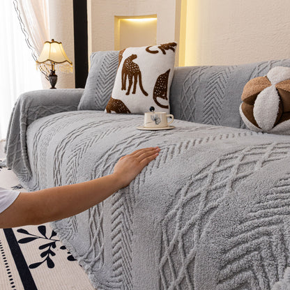 Plush Sherpa Fleece Sofa Cover with 3D Cable Knit Texture, Soft Cozy Throw Blanket