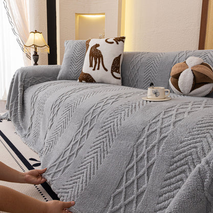 Plush Sherpa Fleece Sofa Cover with 3D Cable Knit Texture, Soft Cozy Throw Blanket