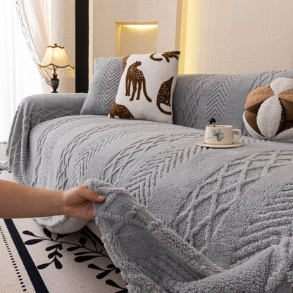 Plush Sherpa Fleece Sofa Cover with 3D Cable Knit Texture, Soft Cozy Throw Blanket