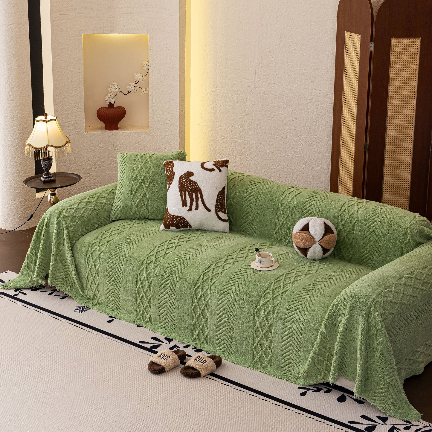 Plush Sherpa Fleece Sofa Cover with 3D Cable Knit Texture, Soft Cozy Throw Blanket