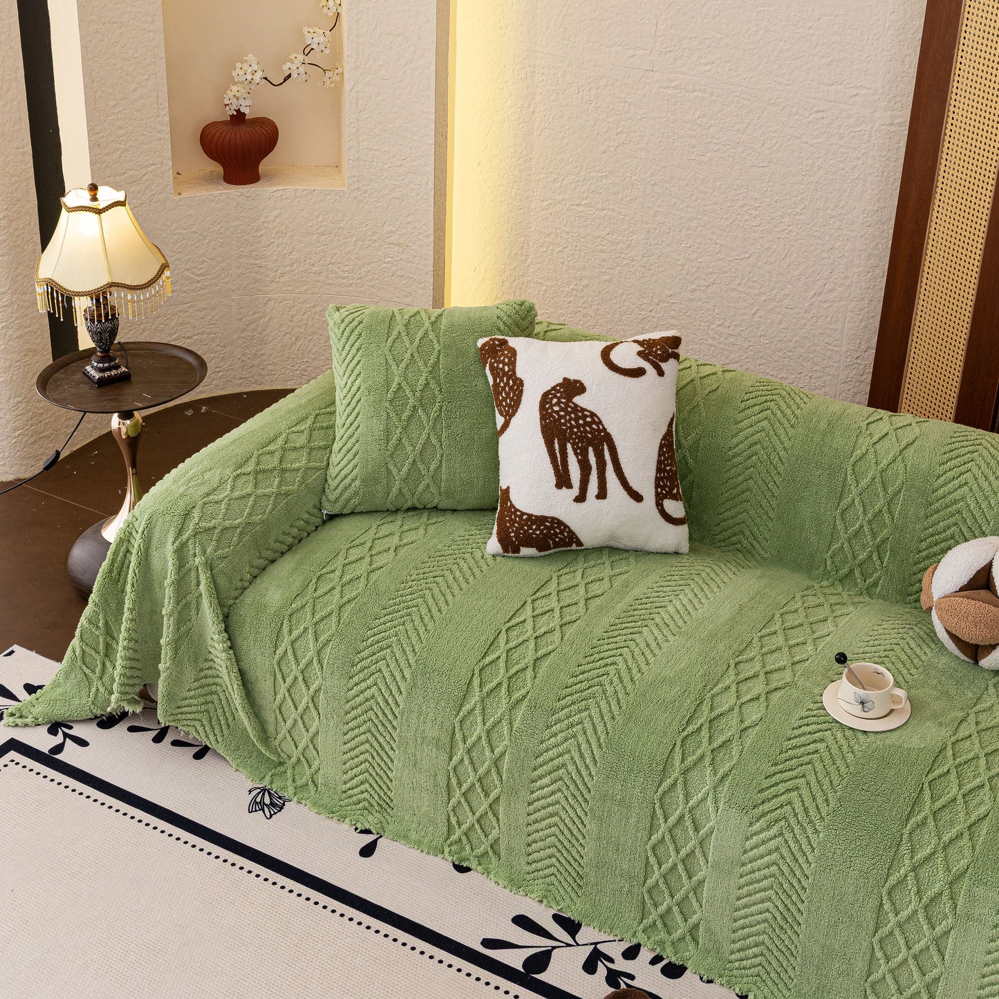Plush Sherpa Fleece Sofa Cover with 3D Cable Knit Texture, Soft Cozy Throw Blanket