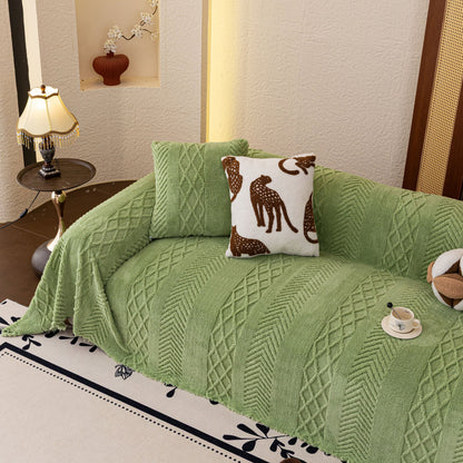 Plush Sherpa Fleece Sofa Cover with 3D Cable Knit Texture, Soft Cozy Throw Blanket