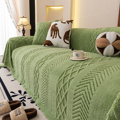 Plush Sherpa Fleece Sofa Cover with 3D Cable Knit Texture, Soft Cozy Throw Blanket