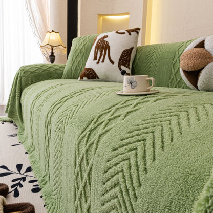 Plush Sherpa Fleece Sofa Cover with 3D Cable Knit Texture, Soft Cozy Throw Blanket