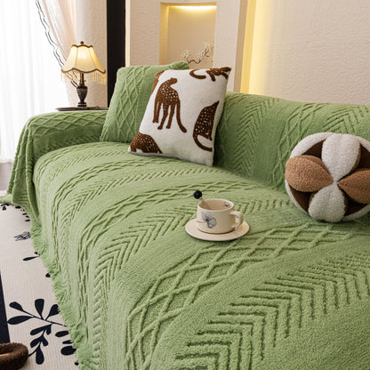 Plush Sherpa Fleece Sofa Cover with 3D Cable Knit Texture, Soft Cozy Throw Blanket