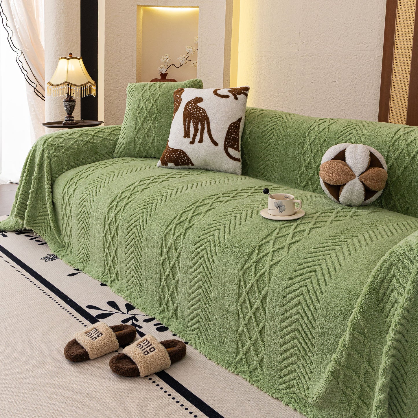 Plush Sherpa Fleece Sofa Cover with 3D Cable Knit Texture, Soft Cozy Throw Blanket