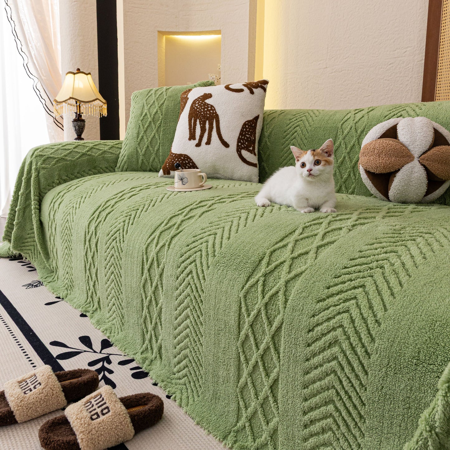 Plush Sherpa Fleece Sofa Cover with 3D Cable Knit Texture, Soft Cozy Throw Blanket