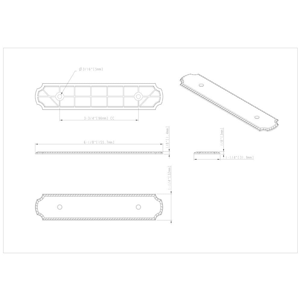 6-1/8" O.L. (96 mm Center-to-Center) Satin Nickel Rope Pull Backplate