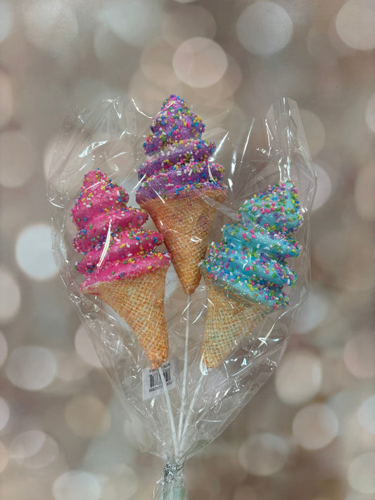 12" GLITTER ICE CREAM CONE PICK BLUE, HT PINK, PPL