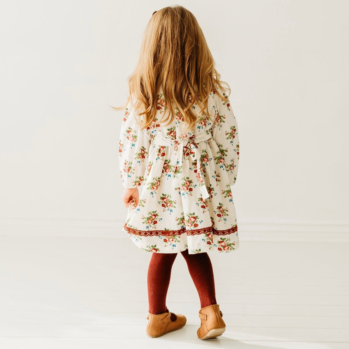 Bunch Floral Printed Girl's Cotton Dress with Crimson Lace