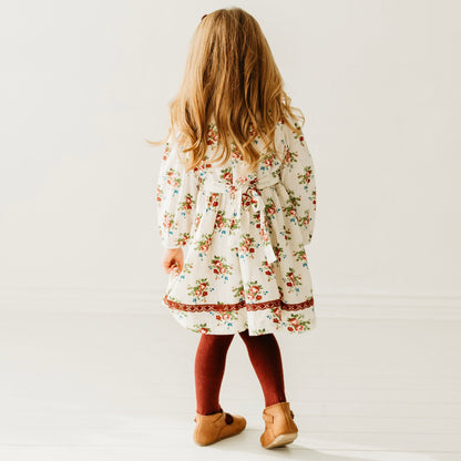 Bunch Floral Printed Girl's Cotton Dress with Crimson Lace