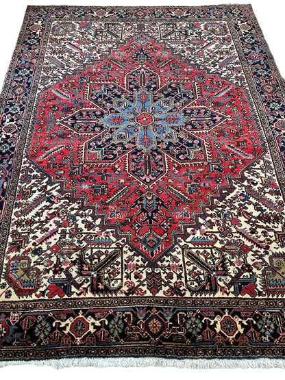 Hand-Knotted Persian Heriz Wool Rug – 9’ x 12’ – Geometric Medallion Design