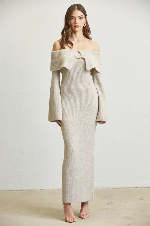 Off Shoulder Knit Maxi Dress - Fold & Flare By Rose Paulino