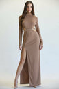 Long Sleeve Ribbed Maxi Dress with High-Neck & Cutout waist