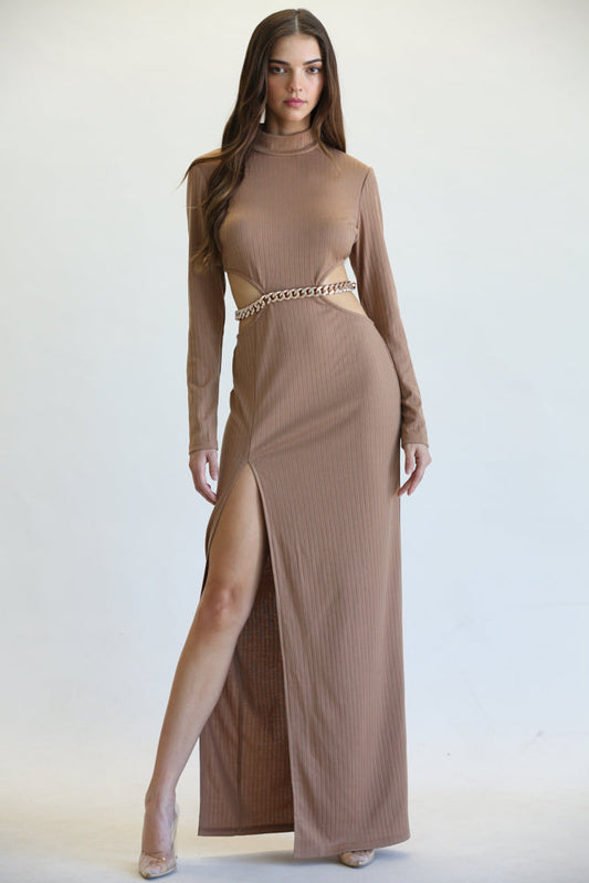 Long Sleeve Ribbed Maxi Dress with High-Neck & Cutout waist