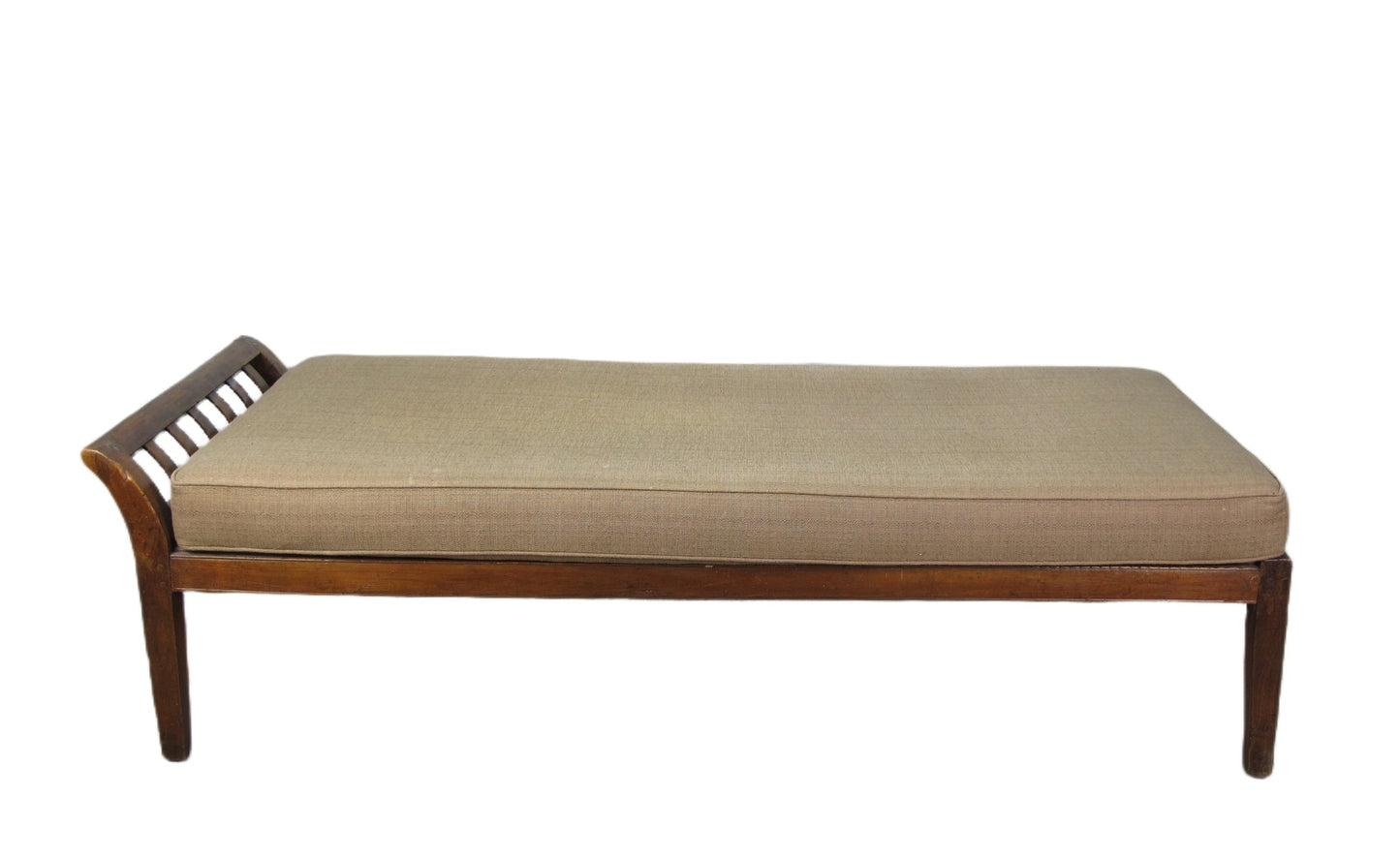 Beige cushioned bench with wooden frame on a white background