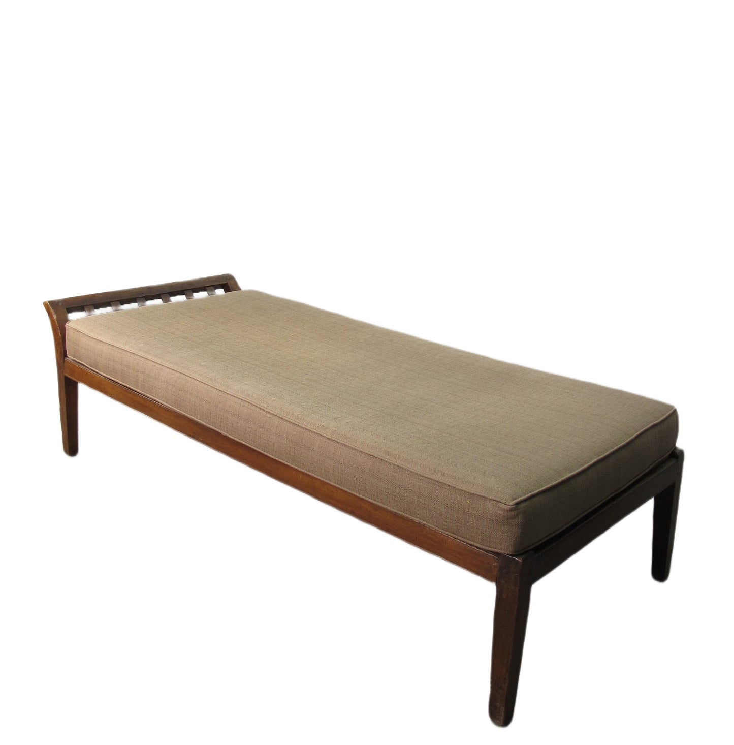 Wooden bench with beige cushion on a white background