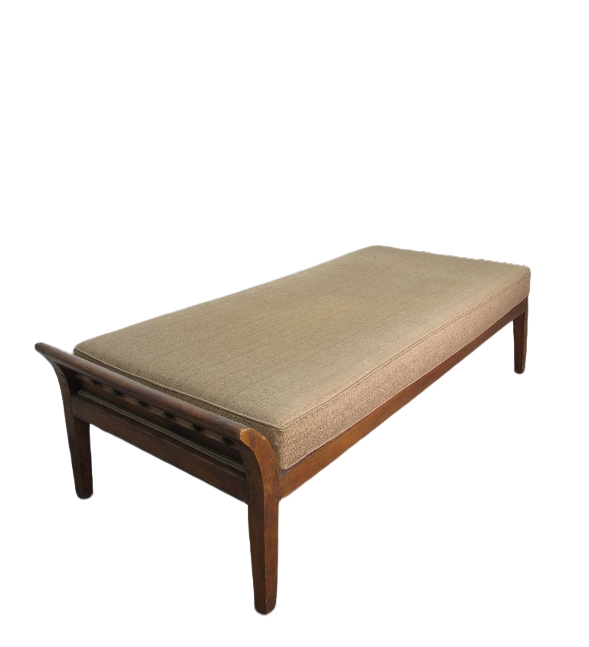 Wooden bench with beige cushion on a white background