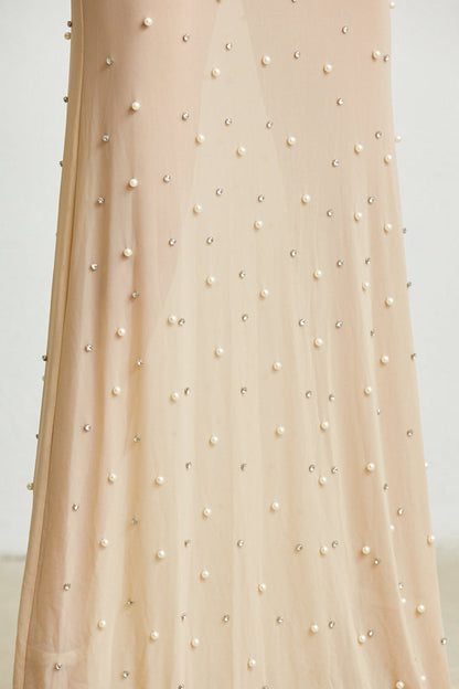 Sheer Maxi Dress - Faux Feather Cuffs - Magnolia