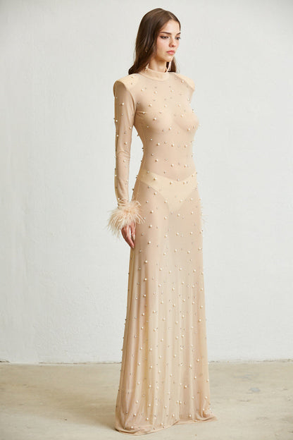 Sheer Maxi Dress - Faux Feather Cuffs - Magnolia