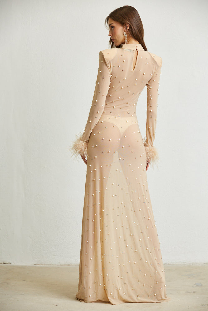 Sheer Maxi Dress - Faux Feather Cuffs - Magnolia