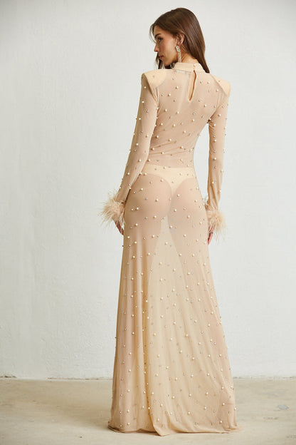 Sheer Maxi Dress - Faux Feather Cuffs - Magnolia