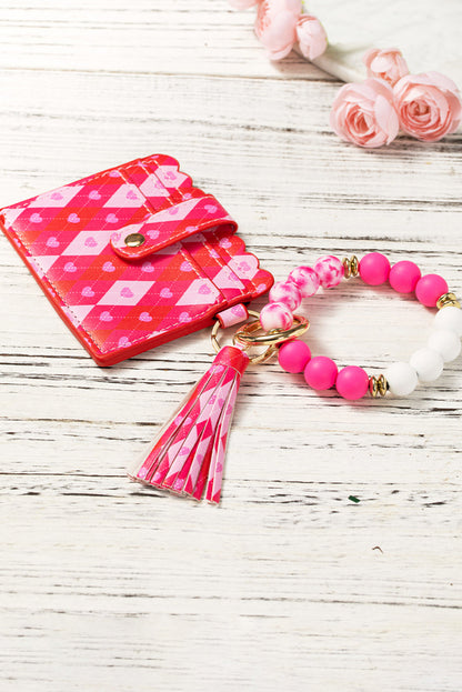 Rose Red Fashion PU Card Bag Key Chain with Silicon Bracelet