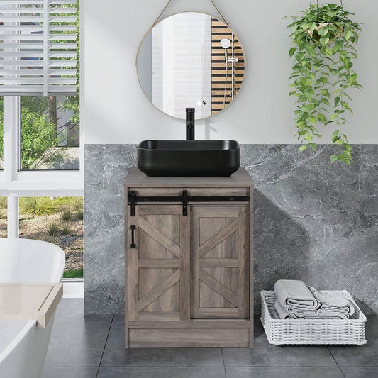 Modern Farmhouse Bathroom Vanity w/ Barn Wood Sliding Door / Black | Kitvhen + Metal