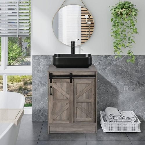 Modern Farmhouse Bathroom Vanity w/ Barn Wood Sliding Door / Black | Kitvhen + Metal