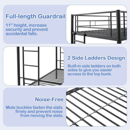 Sturdy Black Metal Twin over Twin Bunk Bed Frame with Two Side Ladders