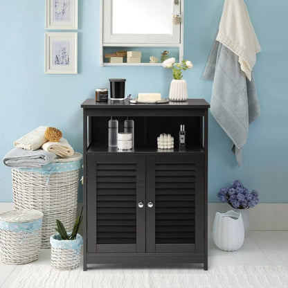 Black Farmhouse Bathroom Linen Cabinet with Louvered Doors and Open Shelf
