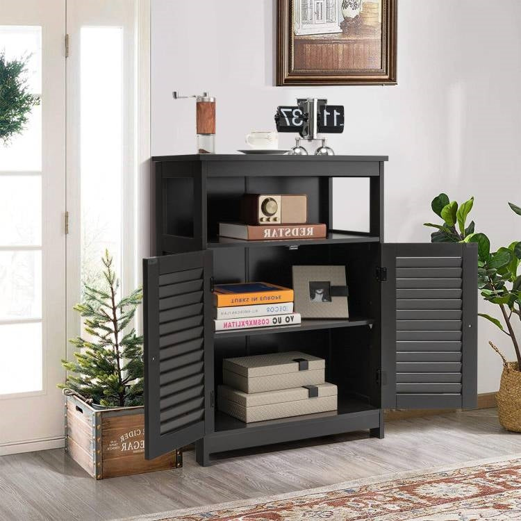 Black Farmhouse Bathroom Linen Cabinet with Louvered Doors and Open Shelf