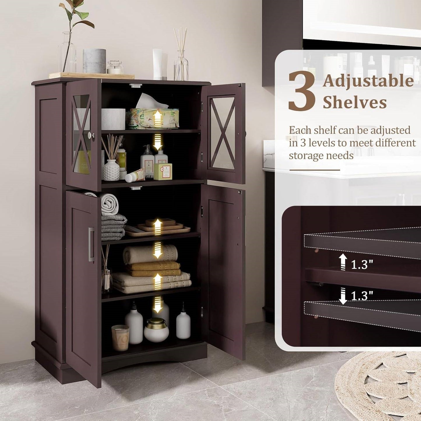 Brown Bathroom Towel Linen Cabinet with Glass Doors and Storage Shelves