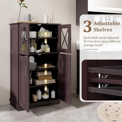 Brown Bathroom Towel Linen Cabinet with Glass Doors and Storage Shelves