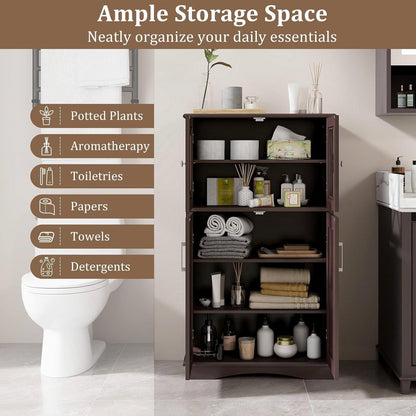 Brown Bathroom Towel Linen Cabinet with Glass Doors and Storage Shelves