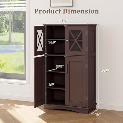 Brown Bathroom Towel Linen Cabinet with Glass Doors and Storage Shelves