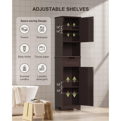 Dark Brown Bathroom Linen Cabinet Tower with 2 Doors Storage Drawer and Shelf